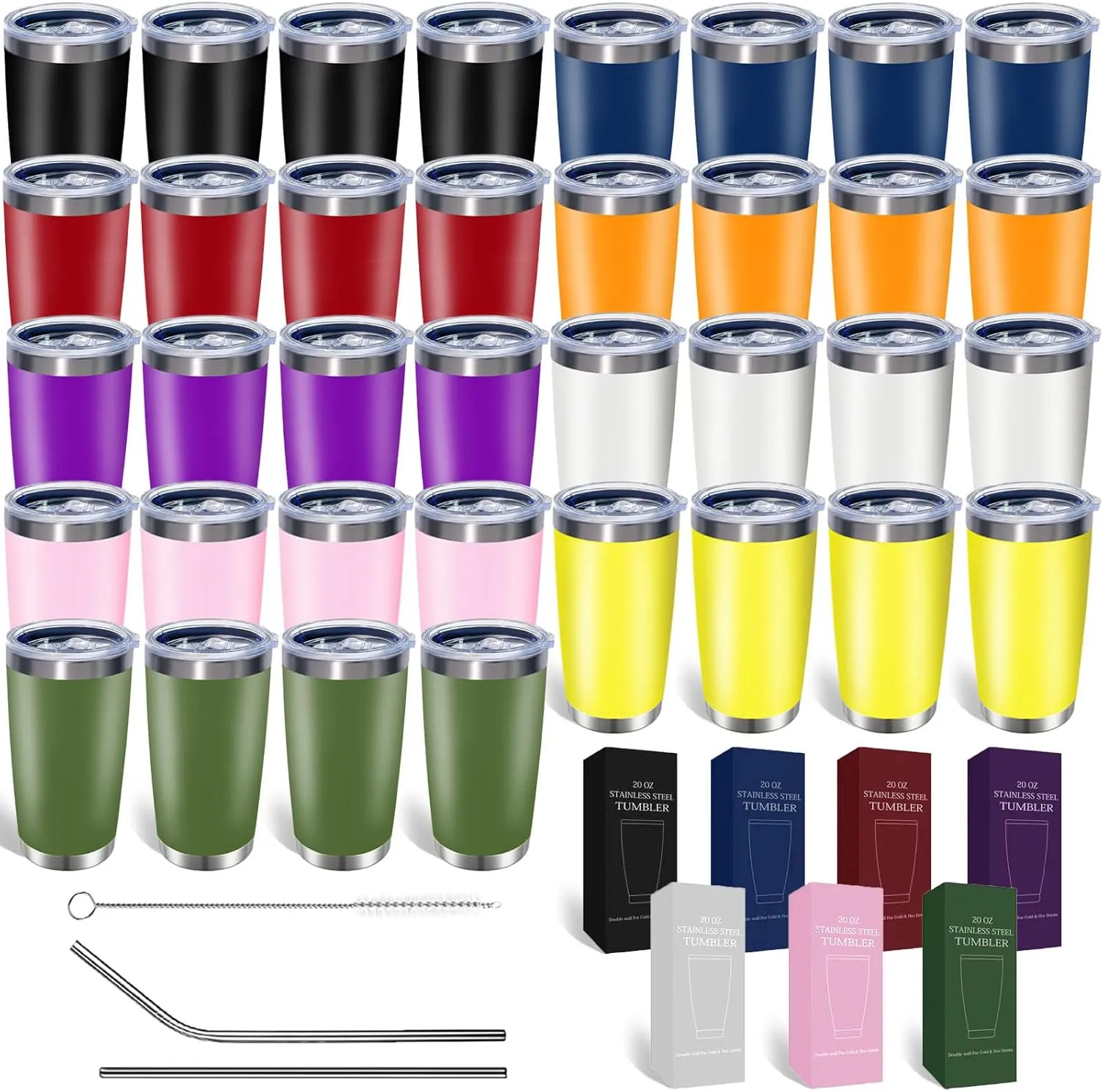 36 Packs, 20oz Stainless Steel Bulk Tumblers with Lids and Straws, Leakproof Double Wall Travel Mug for Hot/Cold Drinks, Home Office Outdoor Party, Durable Powder Coated Insulated Cup/Mix Color