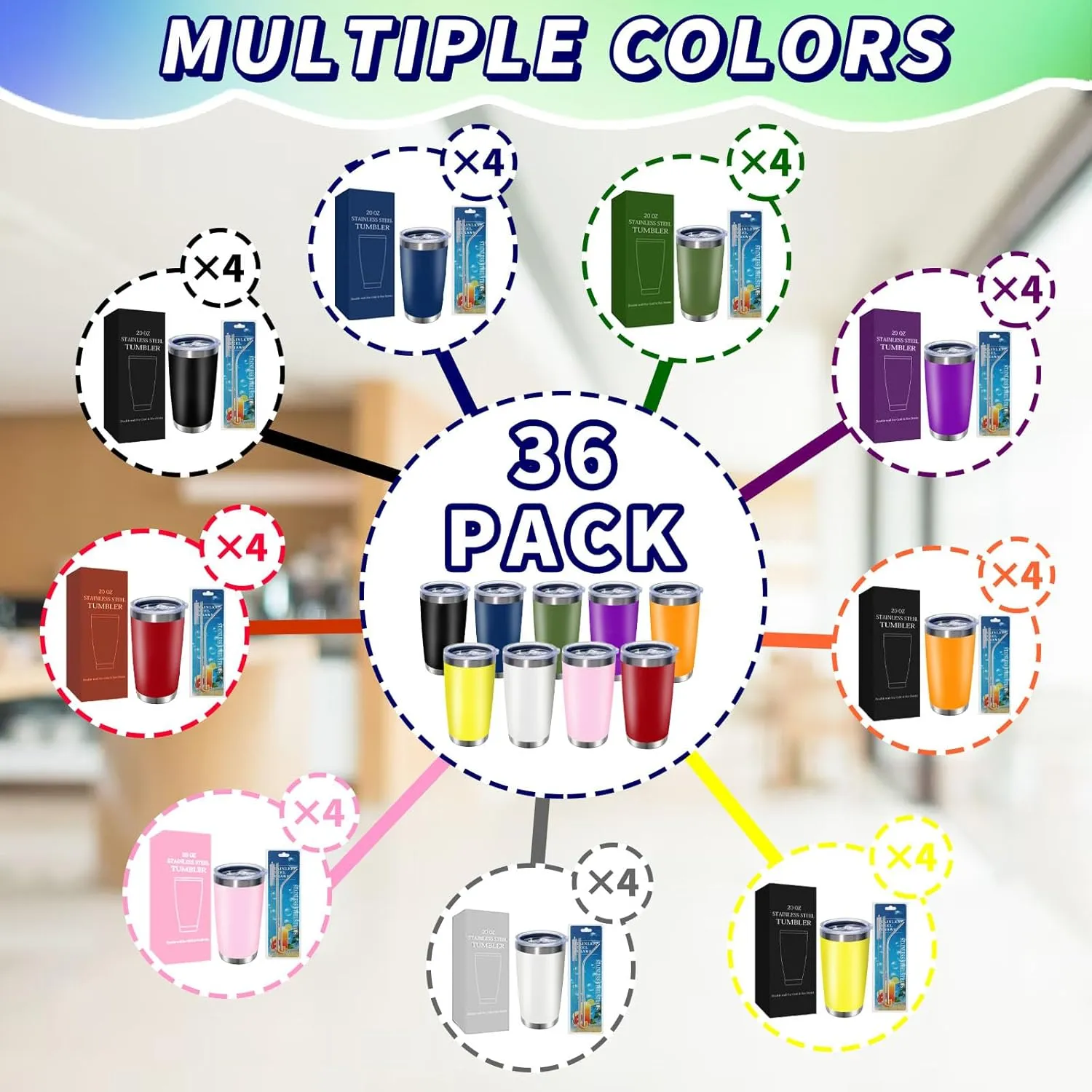 36 Packs, 20oz Stainless Steel Bulk Tumblers with Lids and Straws, Leakproof Double Wall Travel Mug for Hot/Cold Drinks, Home Office Outdoor Party, Durable Powder Coated Insulated Cup/Mix Color
