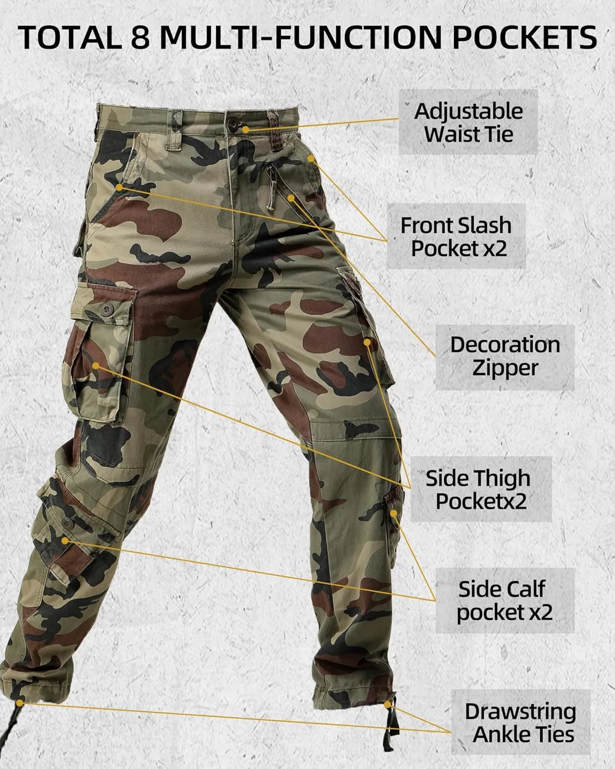 AKARMY Men's Casual Cargo Pants Military Army Camo Pants Combat Work Pants with 8 Pockets