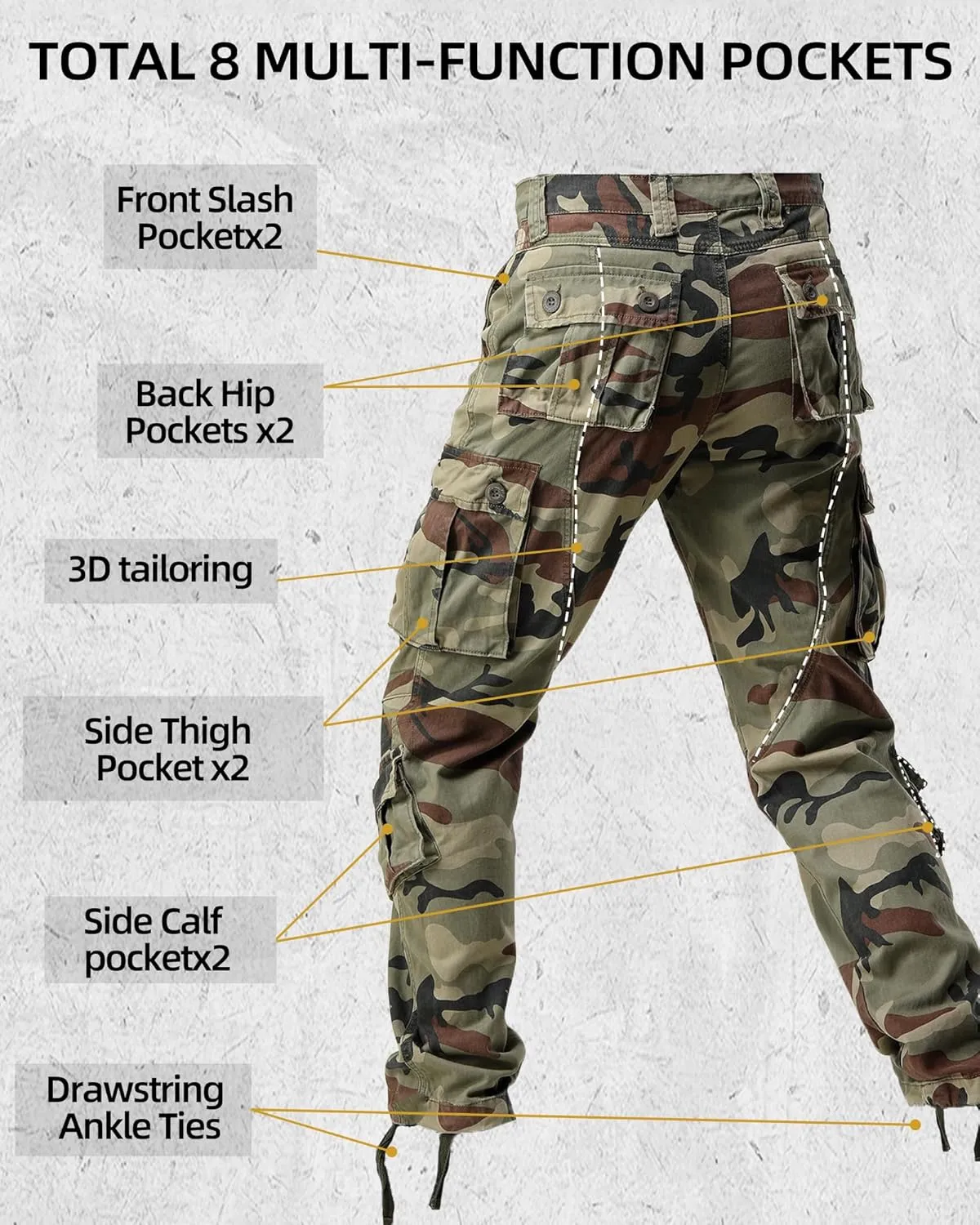 AKARMY Men's Casual Cargo Pants Military Army Camo Pants Combat Work Pants with 8 Pockets