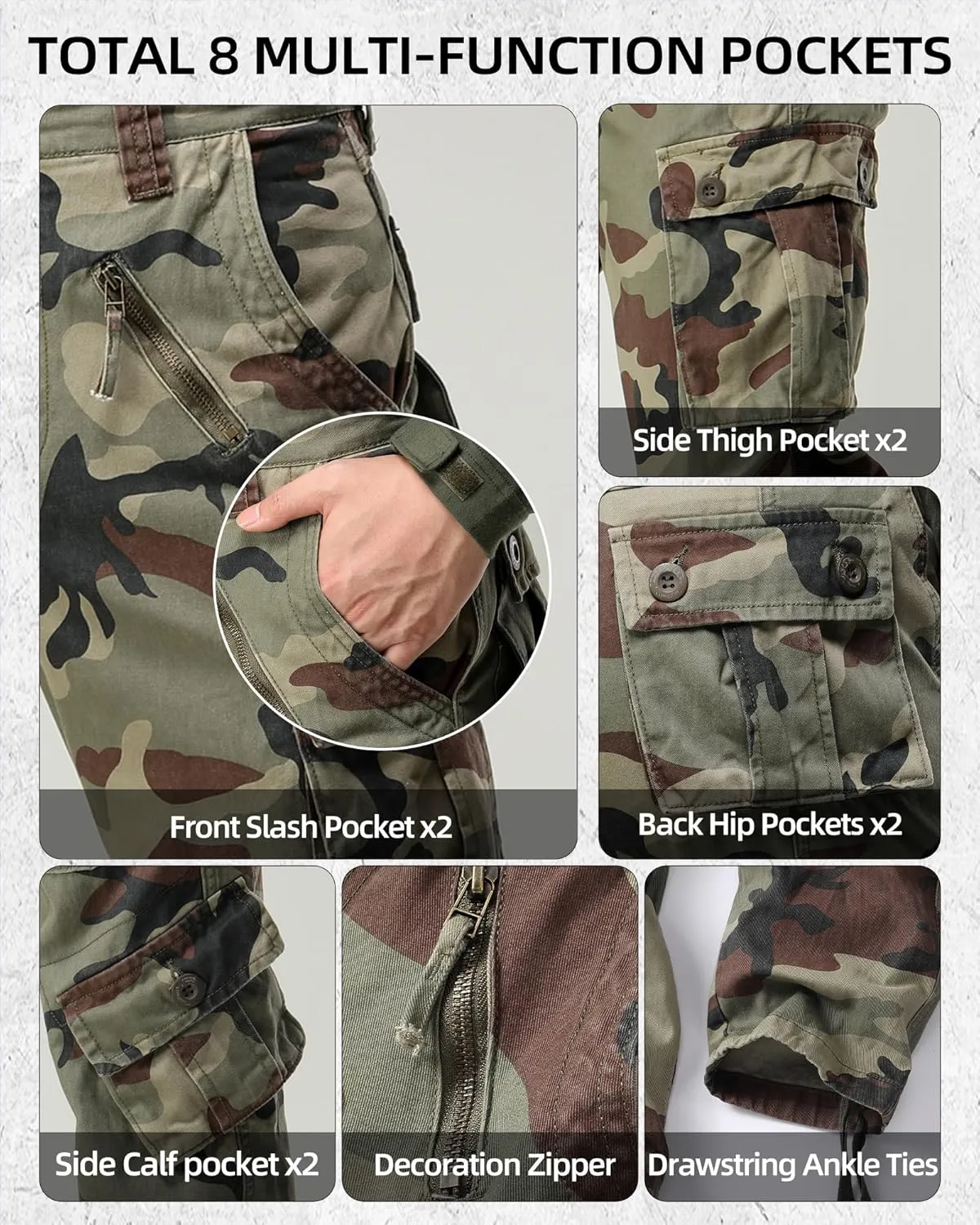 AKARMY Men's Casual Cargo Pants Military Army Camo Pants Combat Work Pants with 8 Pockets
