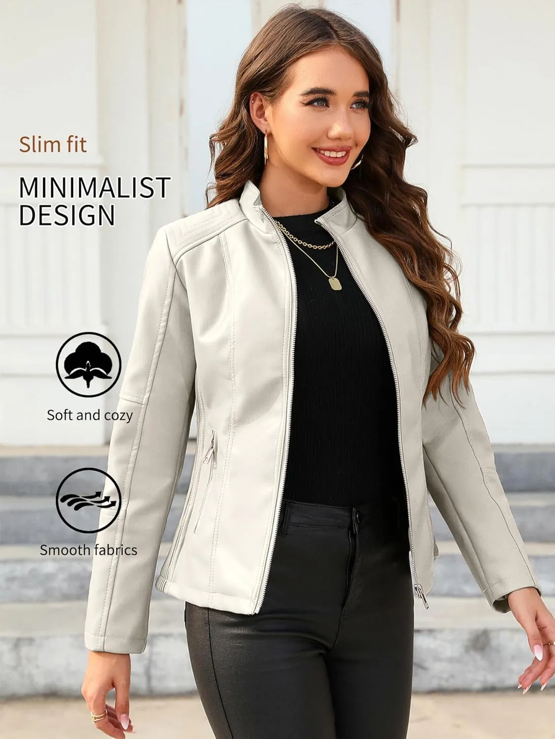 Bellivera Faux Leather Jacket Women Motorcycle Zipper Bomber PU Bike Coat with Pockets
