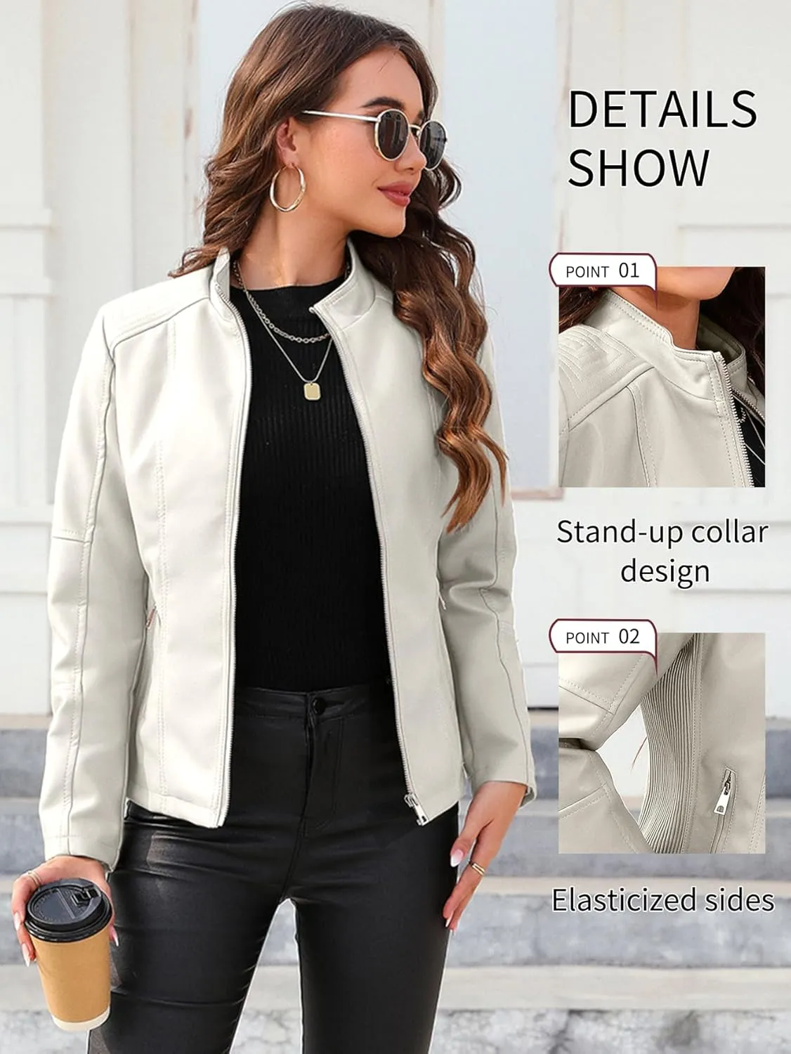 Bellivera Faux Leather Jacket Women Motorcycle Zipper Bomber PU Bike Coat with Pockets