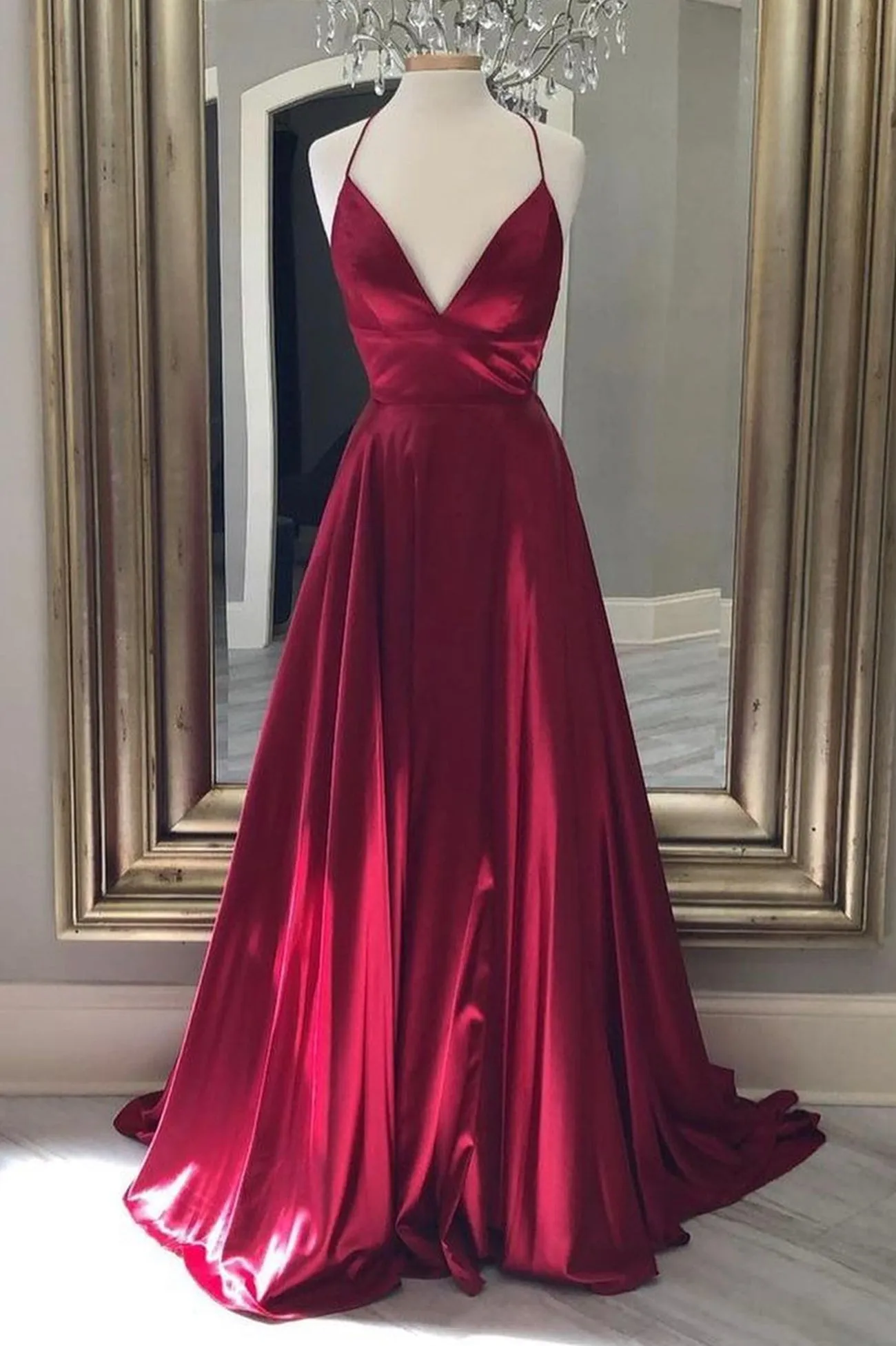 Burgundy Satin Long Prom Dresses Simple A-Line Backless Evening Dresses