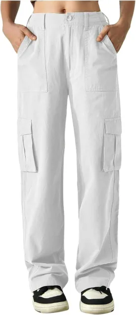 Cargo Pants Women Button High Waisted Hiking Pants Casual Tactical Style Trousers with 6 Pockets Loose Streetwear