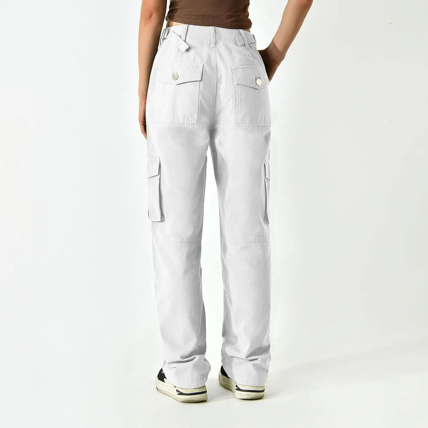 Cargo Pants Women Button High Waisted Hiking Pants Casual Tactical Style Trousers with 6 Pockets Loose Streetwear