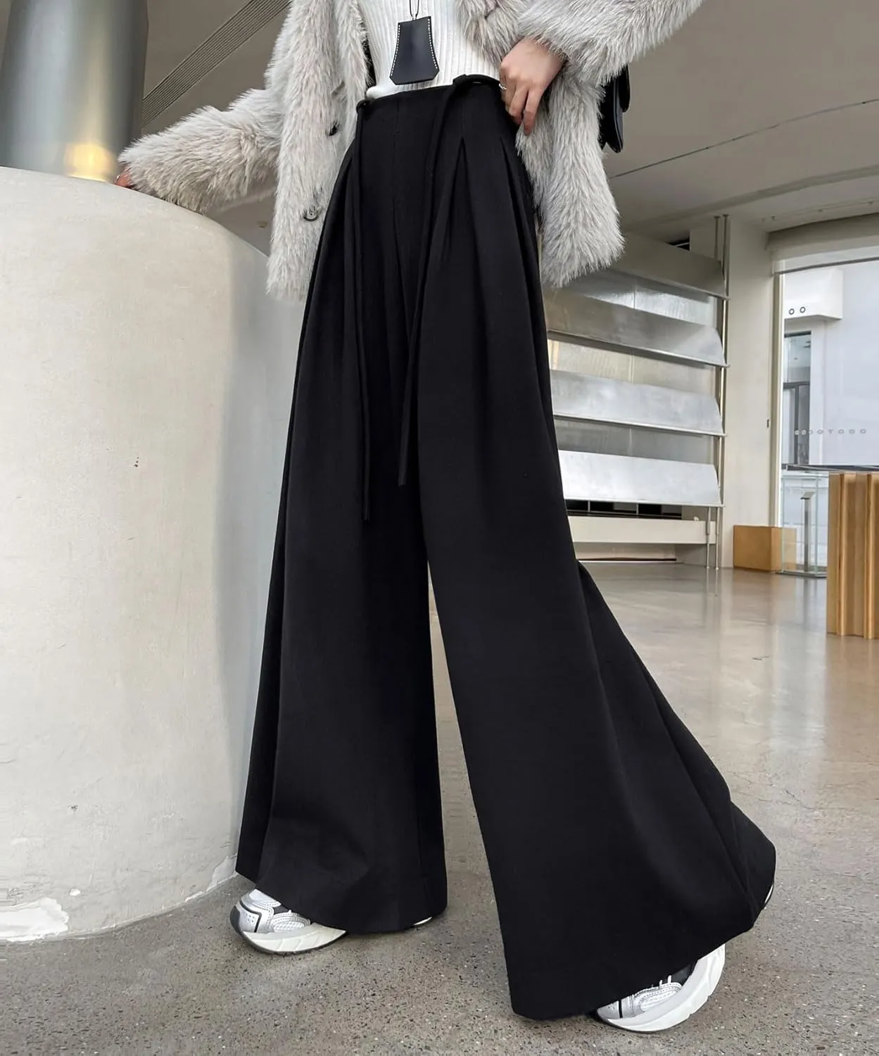chouyatou Women's Winter Wool Wide Leg Palazzo Pants High Waisted Wool Blend Baggy Trousers Culottes