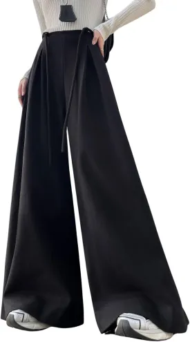 chouyatou Women's Winter Wool Wide Leg Palazzo Pants High Waisted Wool Blend Baggy Trousers Culottes