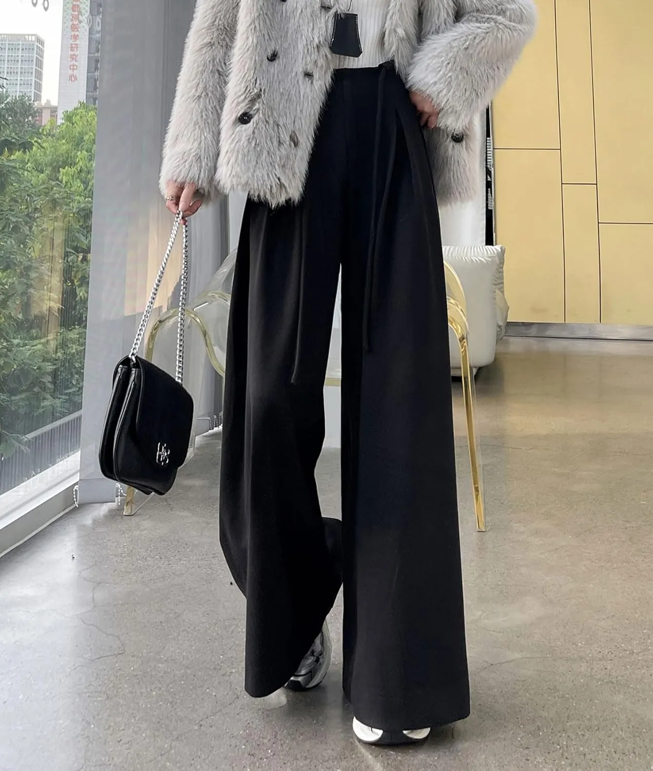 chouyatou Women's Winter Wool Wide Leg Palazzo Pants High Waisted Wool Blend Baggy Trousers Culottes