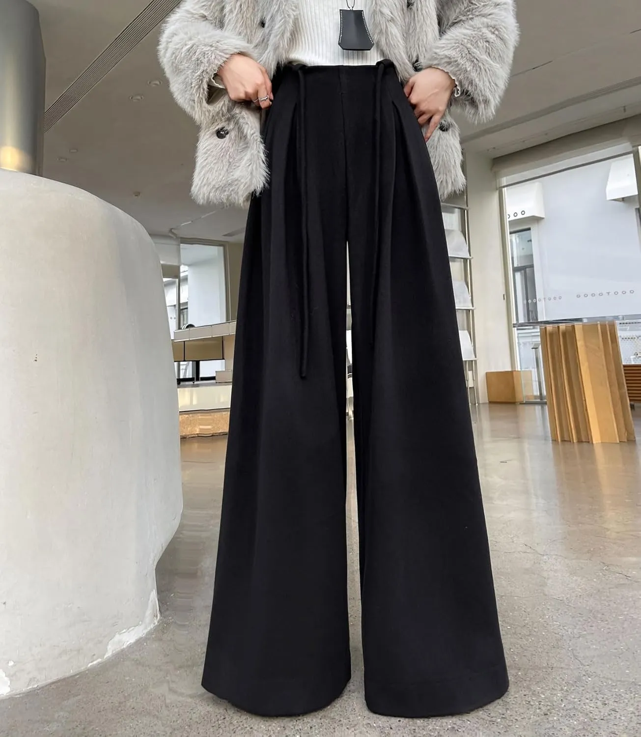 chouyatou Women's Winter Wool Wide Leg Palazzo Pants High Waisted Wool Blend Baggy Trousers Culottes