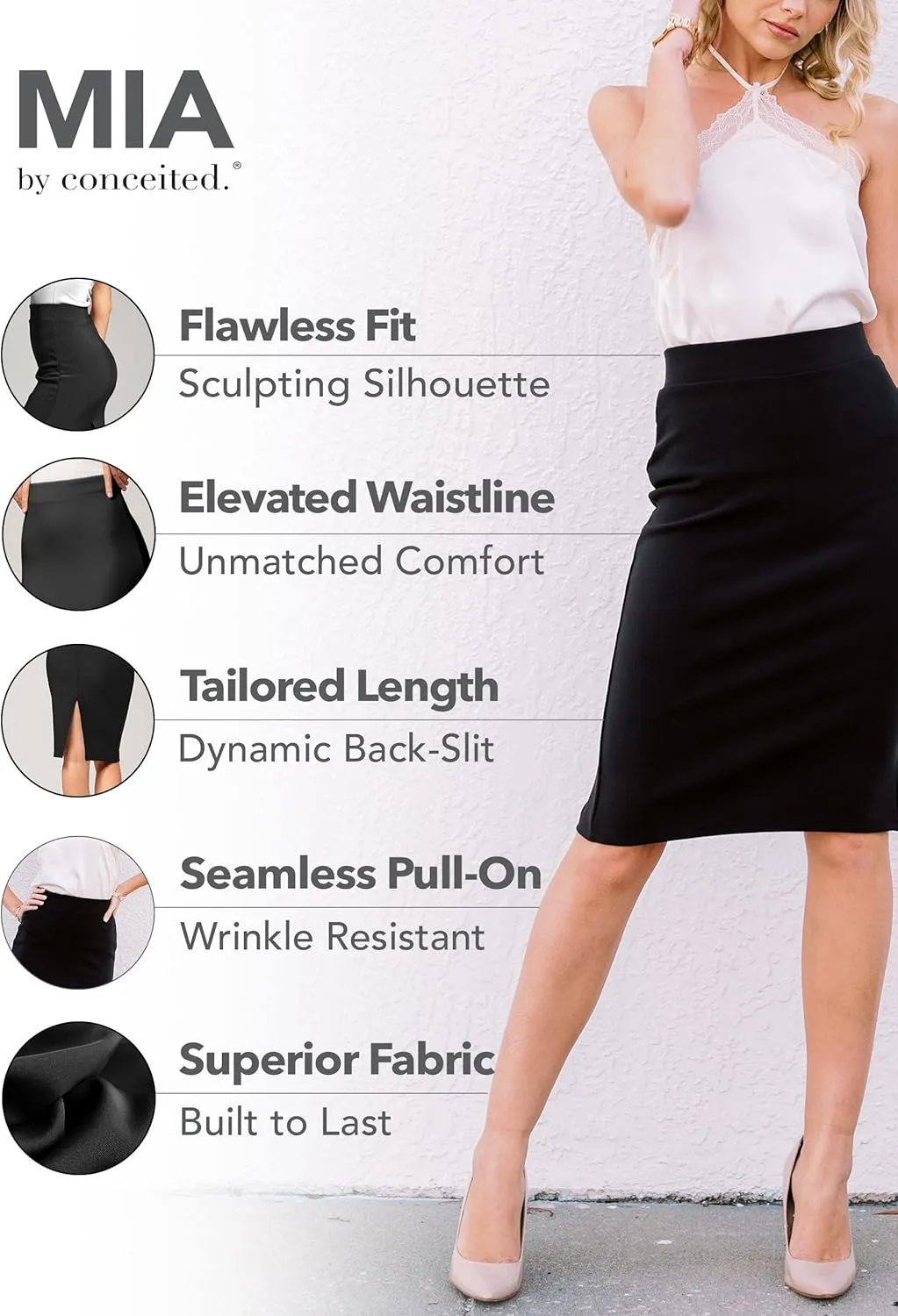 Conceited Skirts for Women - Stretch Pencil Skirt - Wear to Work - Pull On - Midi Length in Regular and Plus Size