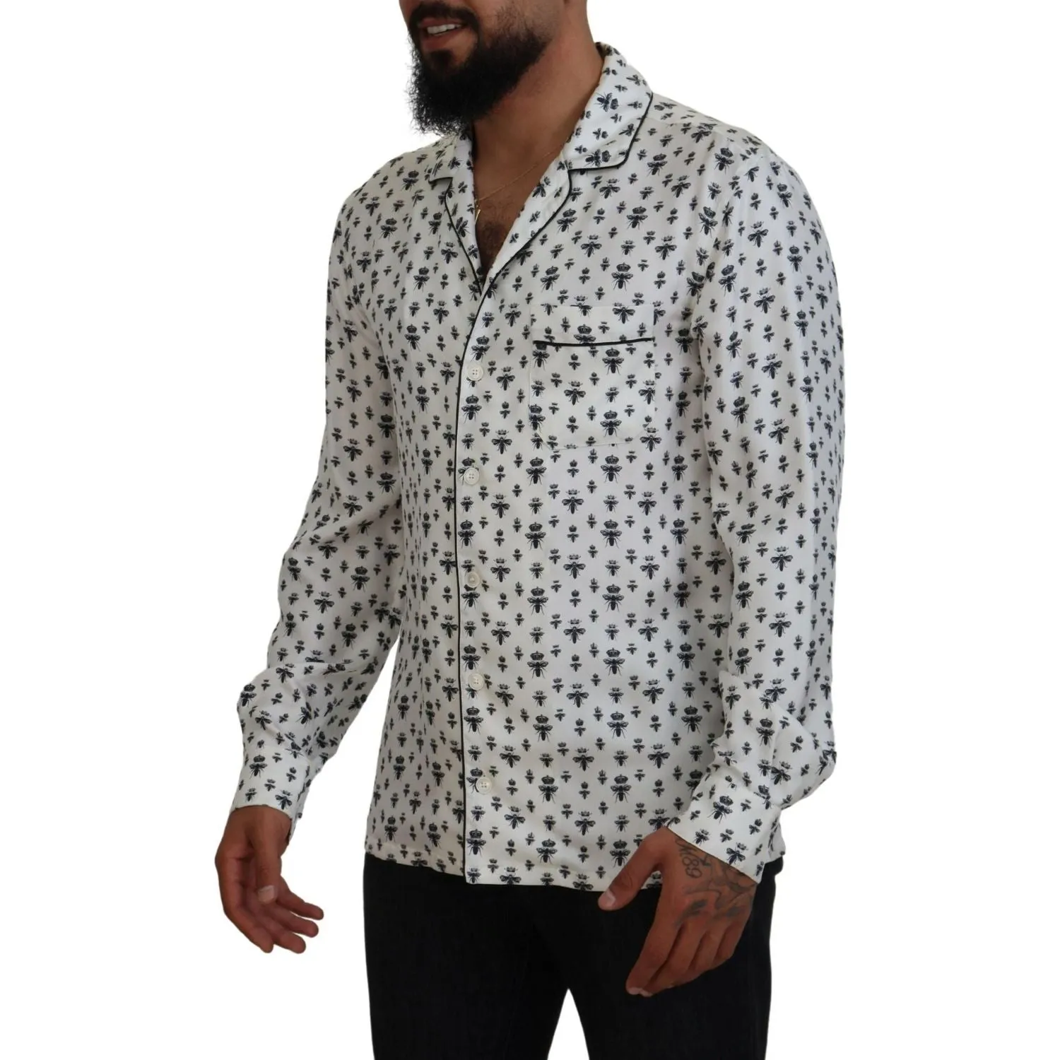 Dolce & Gabbana Elegant Silk Pajama Top with Crown Bee Print