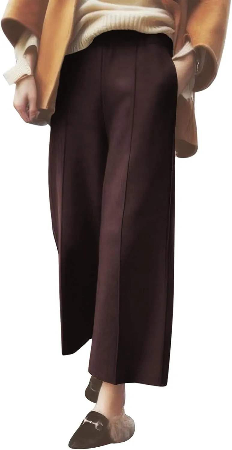 ebossy Women's Elastic Waist Wide Leg Wool Blend Capri Pants Casual Dressy Winter Warm Palazzo Trousers with Pockets