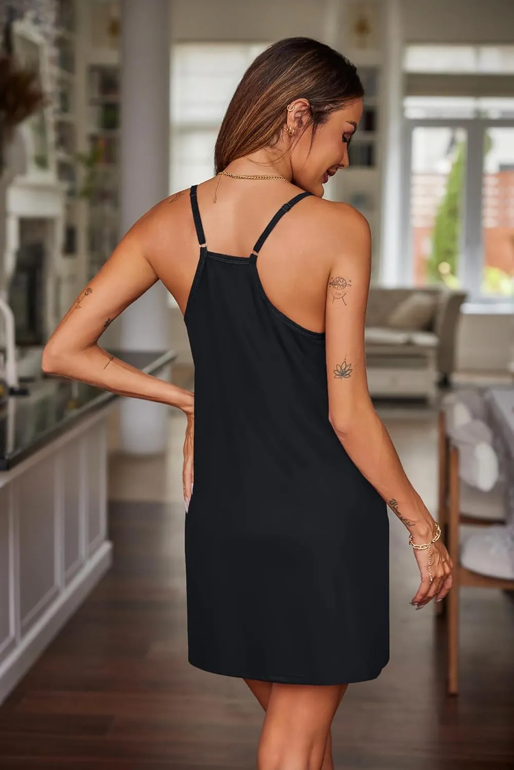 Ekouaer Nightgowns for Women Cotton Sleepwear Adjustable Spaghetti Strap Sleepshirt Racerback Sleep Dress with Pockets S-3XL