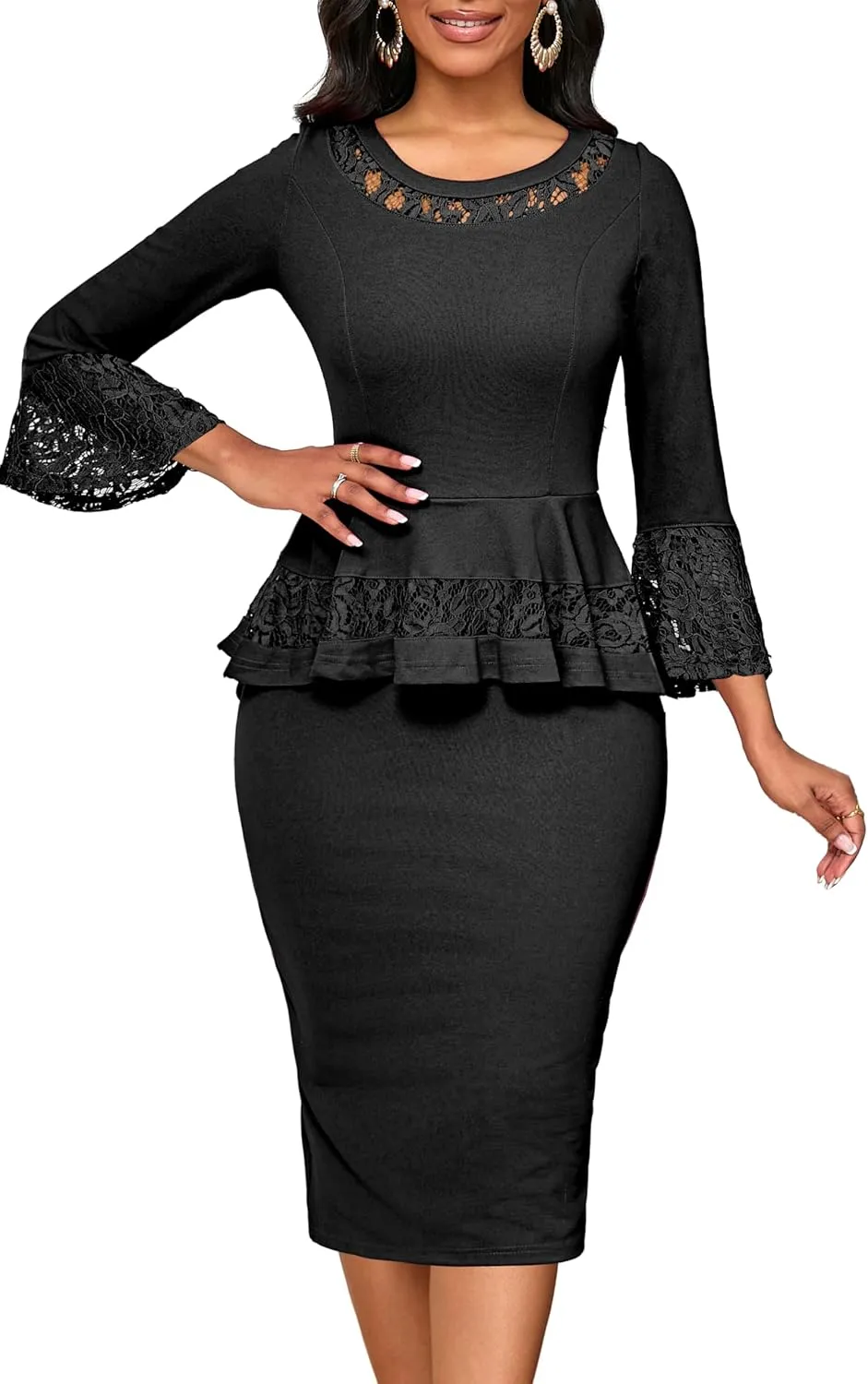 Elegant Dresses for Women Wear to Work Long Sleeve Cocktail Business Knee Length Pencil Lace Dress
