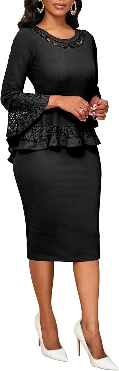 Elegant Dresses for Women Wear to Work Long Sleeve Cocktail Business Knee Length Pencil Lace Dress