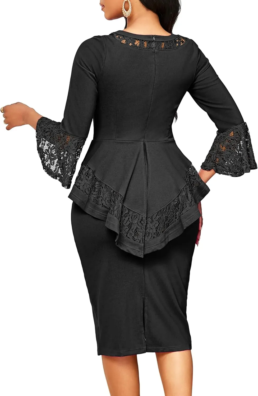 Elegant Dresses for Women Wear to Work Long Sleeve Cocktail Business Knee Length Pencil Lace Dress