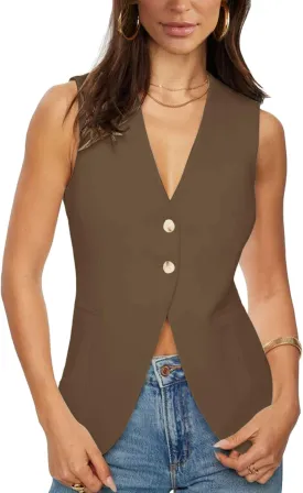 Fallorchid Womens Business Button Sleeveless V Neck Vest Fully Lined Suit Jacket Waistcoat
