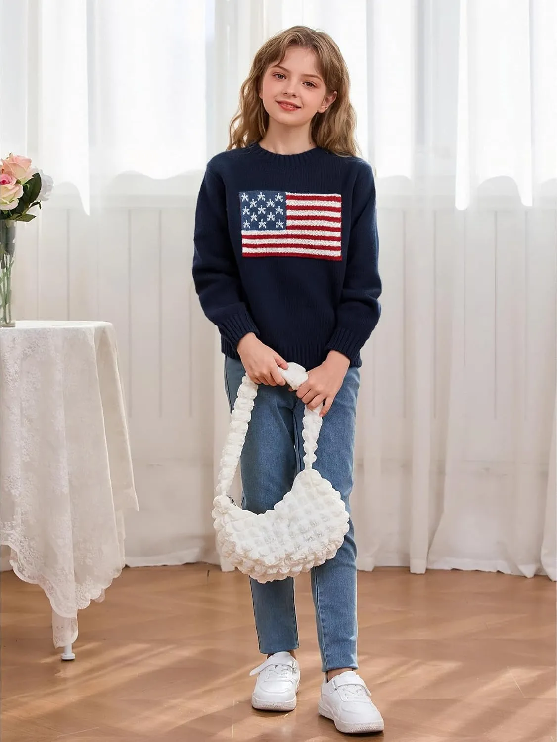 GORGLITTER Girl's American Flag Graphic Sweater Crewneck Long Sleeve Knit Pullover Tops