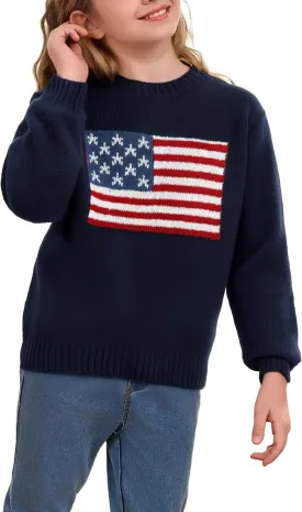 GORGLITTER Girl's American Flag Graphic Sweater Crewneck Long Sleeve Knit Pullover Tops