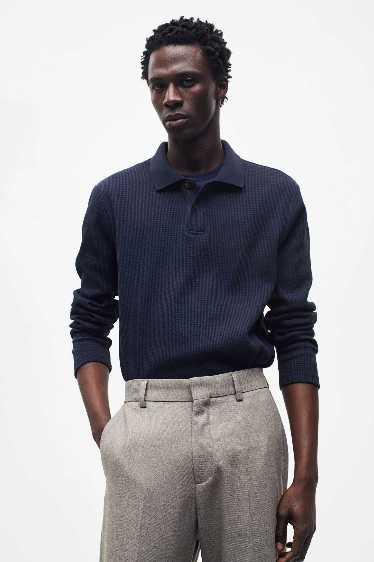 H&M Slim Fit Waffled Polo T-shirt, navy blue