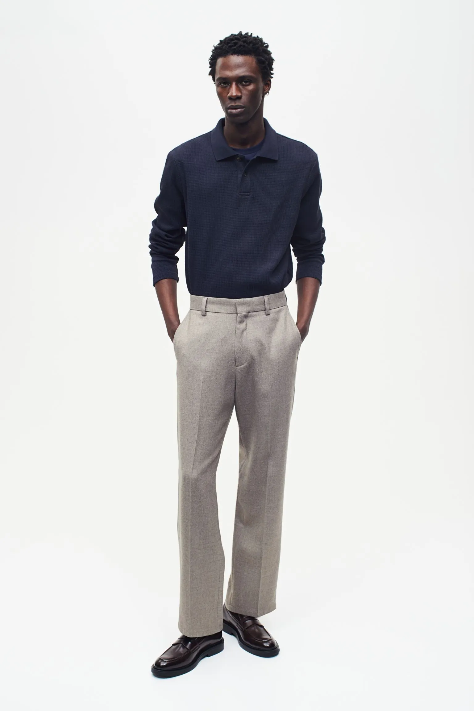 H&M Slim Fit Waffled Polo T-shirt, navy blue