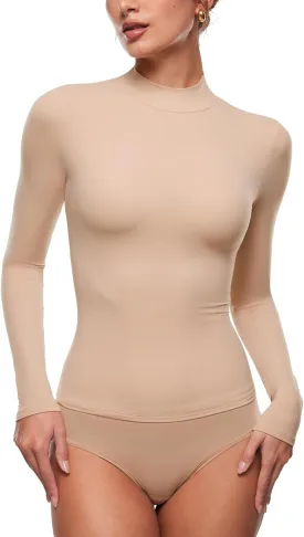 INLYRIC Women's Inbarely Soft Mock Turtleneck Double Lined Long Sleeve Tops Going Out Slim Fitted Sexy Trendy T-Shirts
