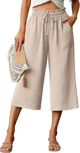 Lepunuo Women's Wide Leg Capri Pants High Waisted Palazzo Pants Adjustable Casual Tie Knot Pants with Pockets