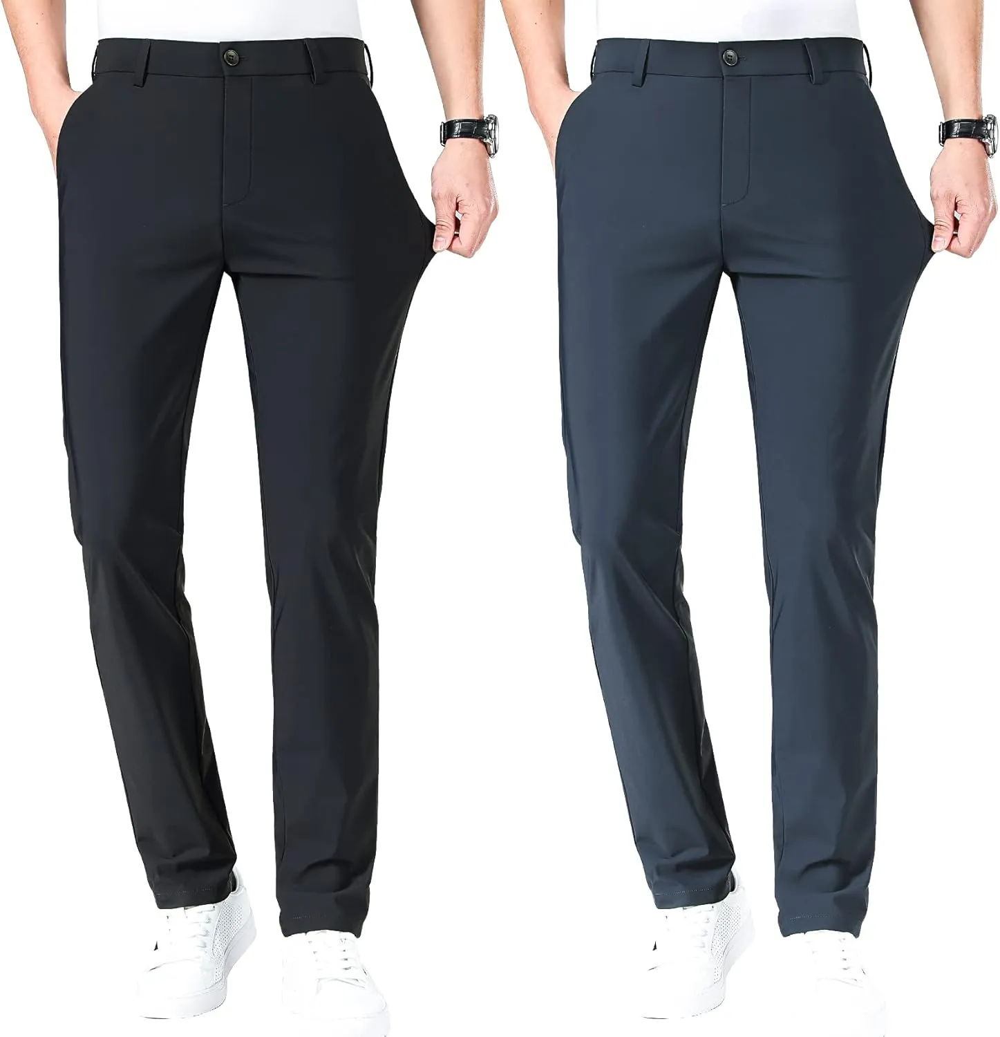 LUSHENUNI Men's Golf Pants Slim High Stretch, Ice Silk Dress Pants with Expandable-Waist Pants