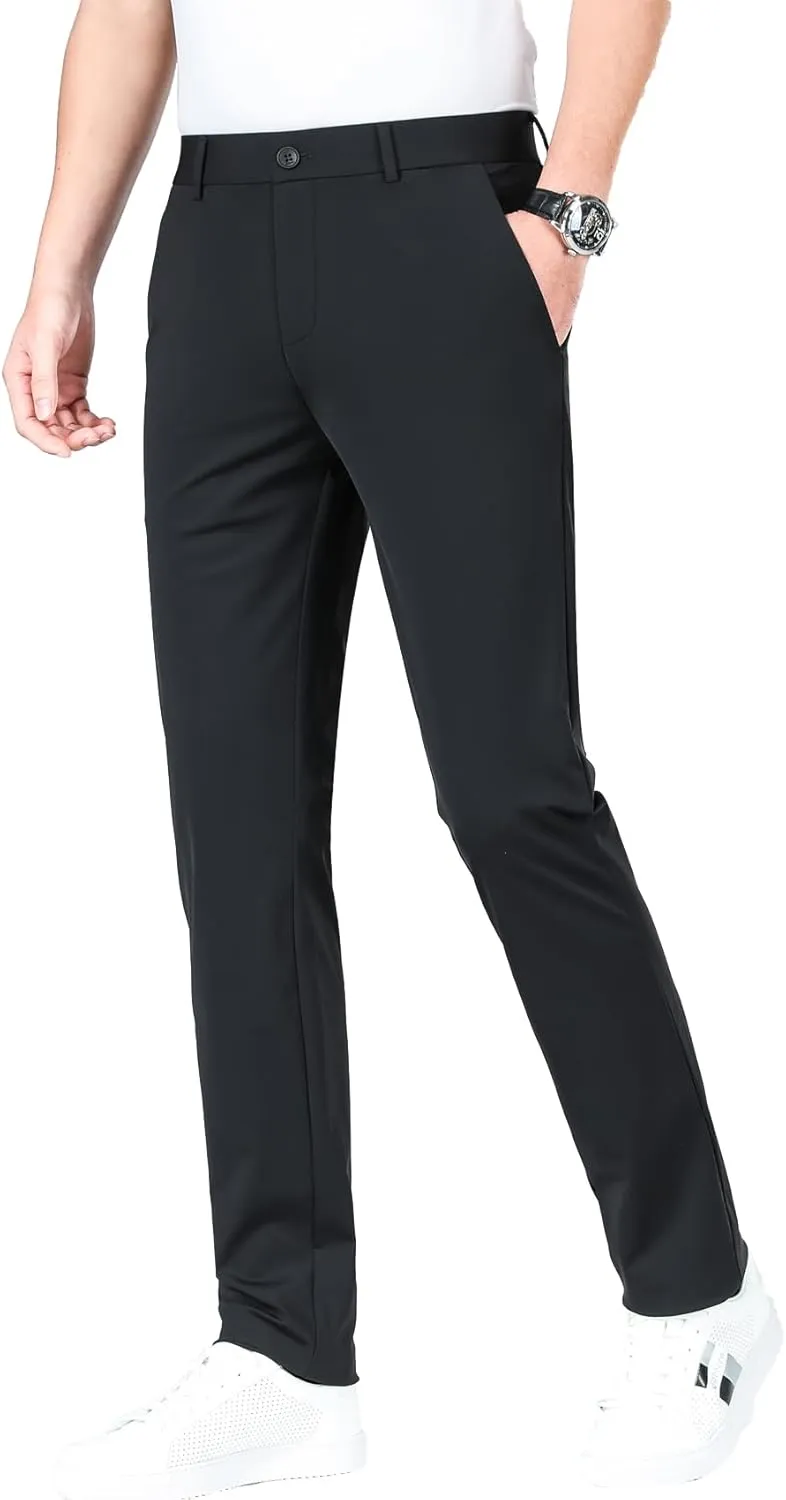 LUSHENUNI Men's Golf Pants Slim High Stretch, Ice Silk Dress Pants with Expandable-Waist Pants
