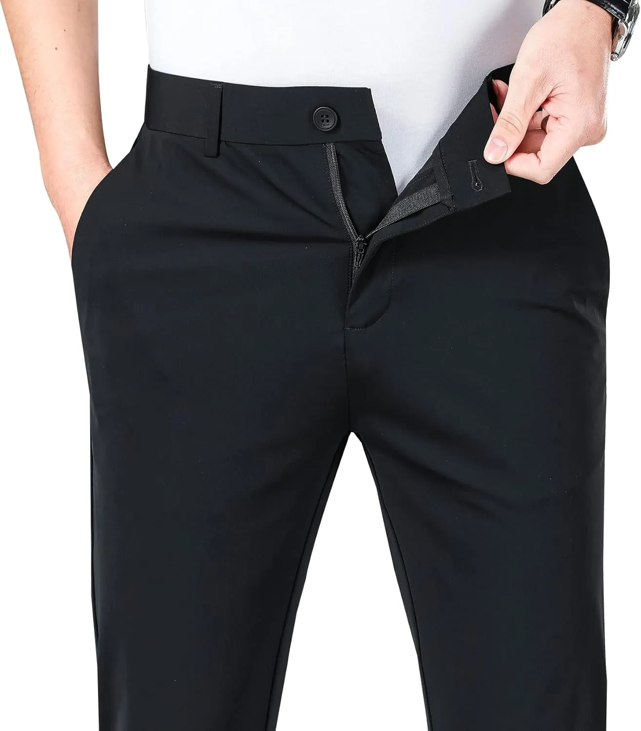 LUSHENUNI Men's Golf Pants Slim High Stretch, Ice Silk Dress Pants with Expandable-Waist Pants