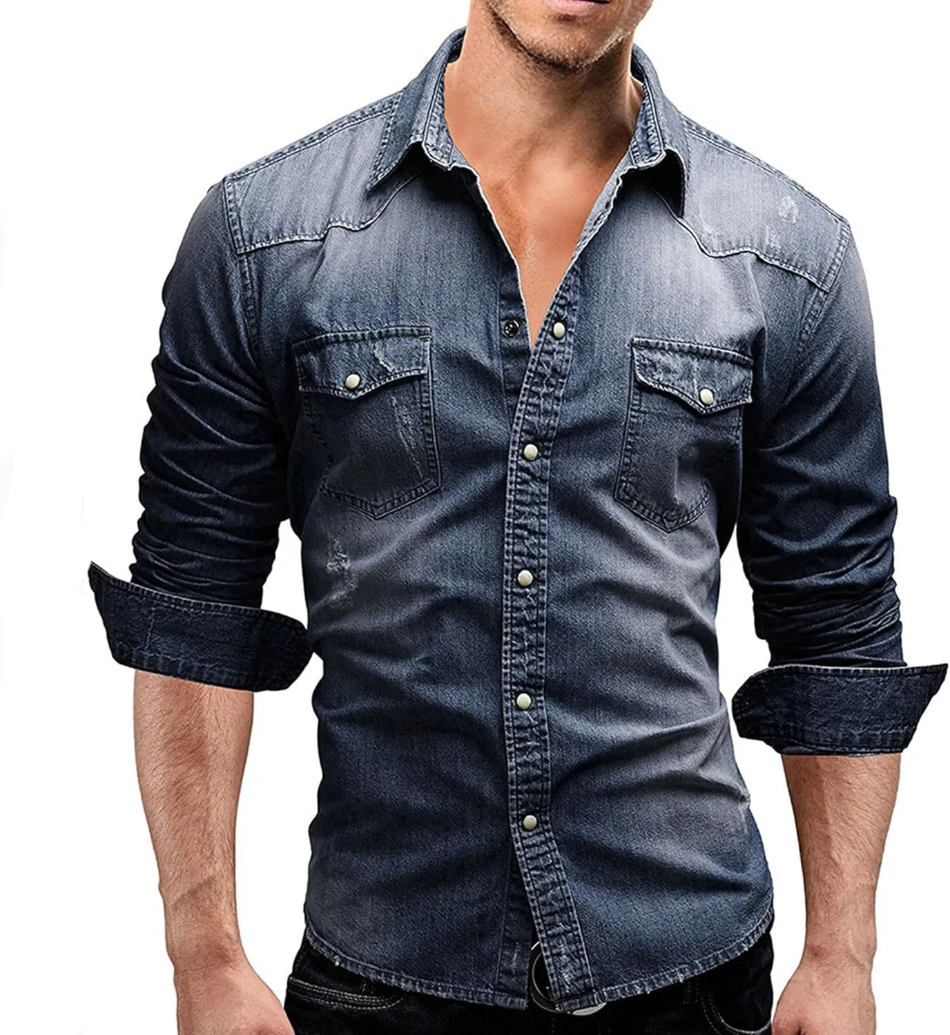 Maiyifu-GJ Men's Western Distressed Denim Shirt Casual Slim Fit Button Down Long Sleeve Wash Work Denim Jean Shirt