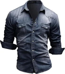 Maiyifu-GJ Men's Western Distressed Denim Shirt Casual Slim Fit Button Down Long Sleeve Wash Work Denim Jean Shirt