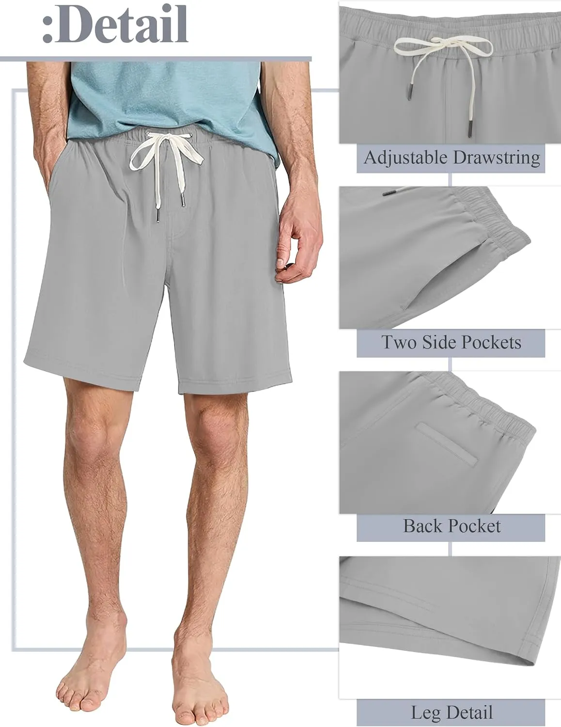 Mens Drawstring Casual Shorts Elastic Waist Summer Beach Shorts with Pockets