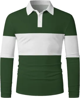 Mens Fashion Long Sleeve Polo Shirts Casual Golf Shirts Color Block Cotton Top