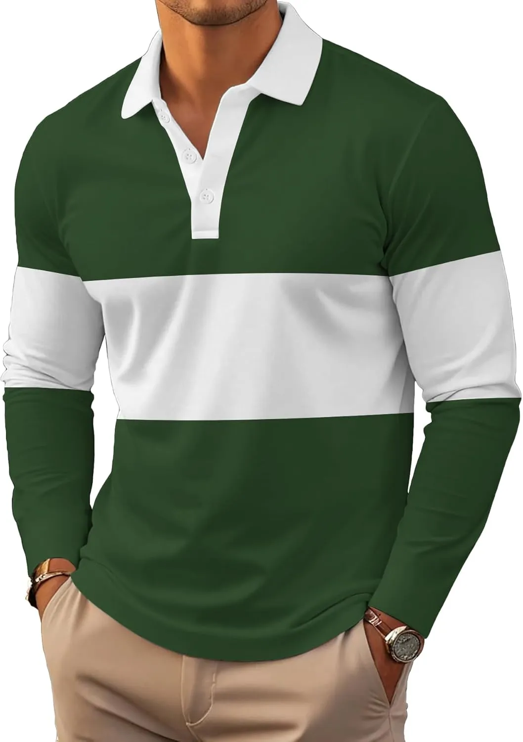 Mens Fashion Long Sleeve Polo Shirts Casual Golf Shirts Color Block Cotton Top