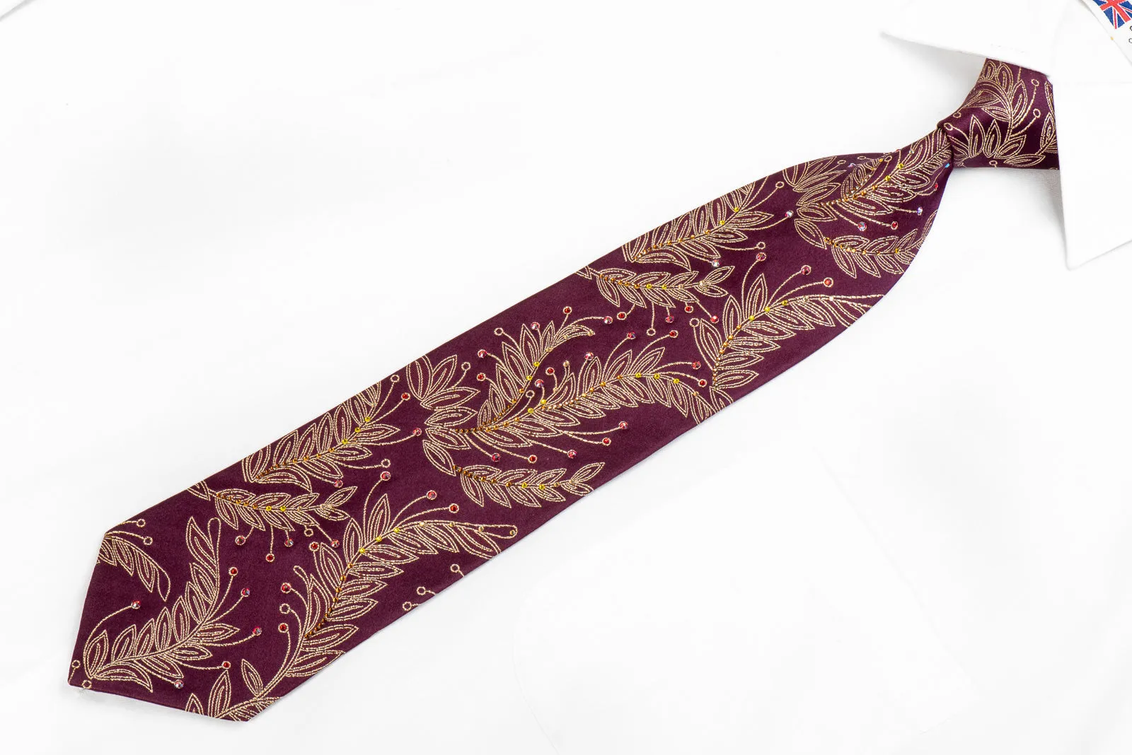 Mens Silk Rhinestone Necktie Golden Leaves On Burgundy