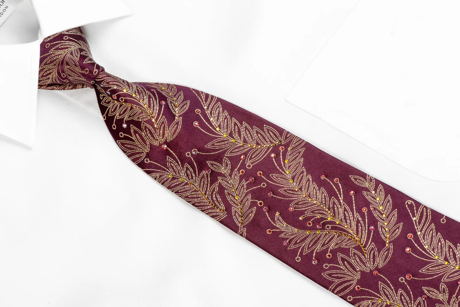 Mens Silk Rhinestone Necktie Golden Leaves On Burgundy