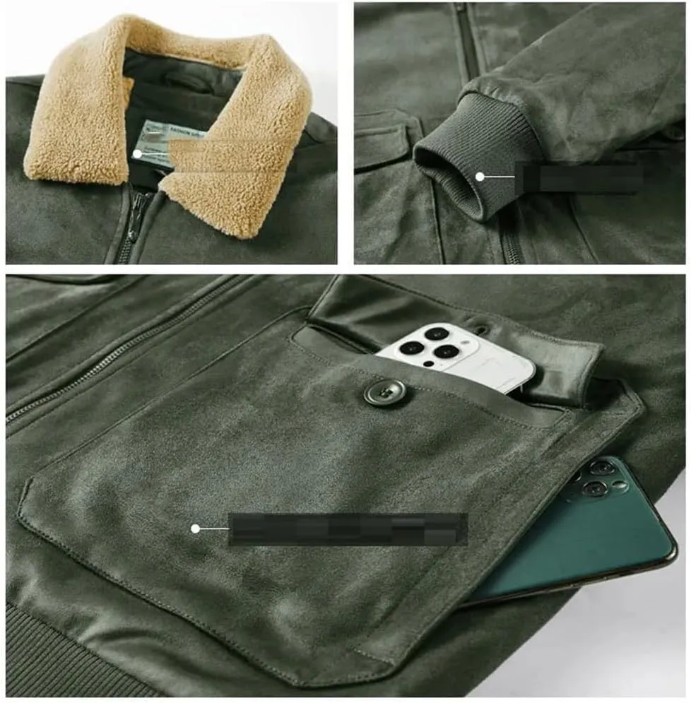 Mens Winter Suede Leather Jackets Fleece Lined Vintage Overcoat Outwear Coats for Male Warm Windbreak