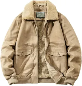 Mens Winter Suede Leather Jackets Fleece Lined Vintage Overcoat Outwear Coats for Male Warm Windbreak