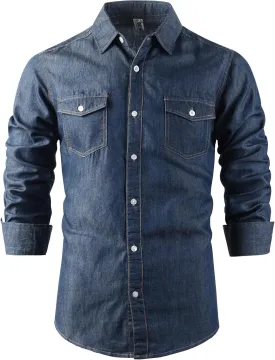 OCHENTA Men's Denim Button Down Shirts Casual Chambray Long Sleeve Lightweight Tops