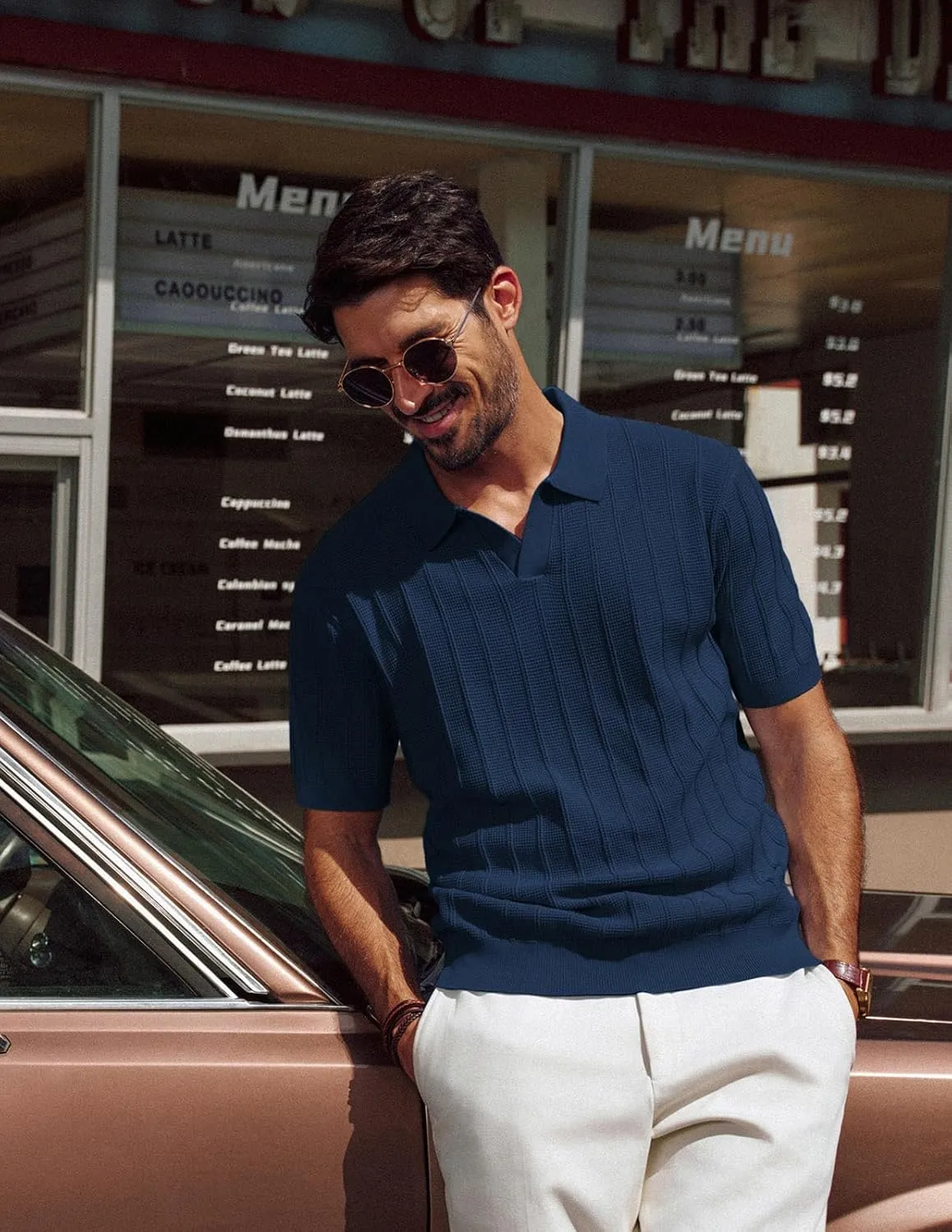 PJ PAUL JONES Mens Polo Shirts V-Neck Knit Polo Textured Summer Shirts