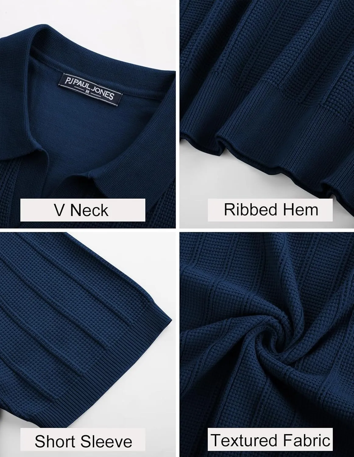 PJ PAUL JONES Mens Polo Shirts V-Neck Knit Polo Textured Summer Shirts