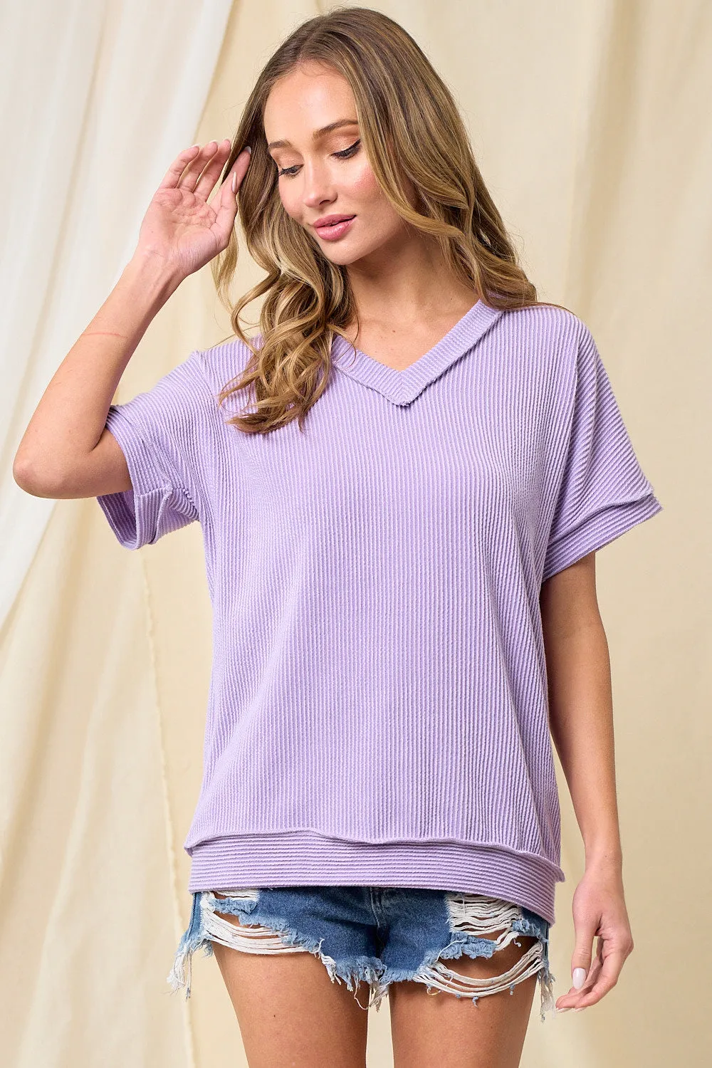 Purple Basic Ribbed V-Neck Top