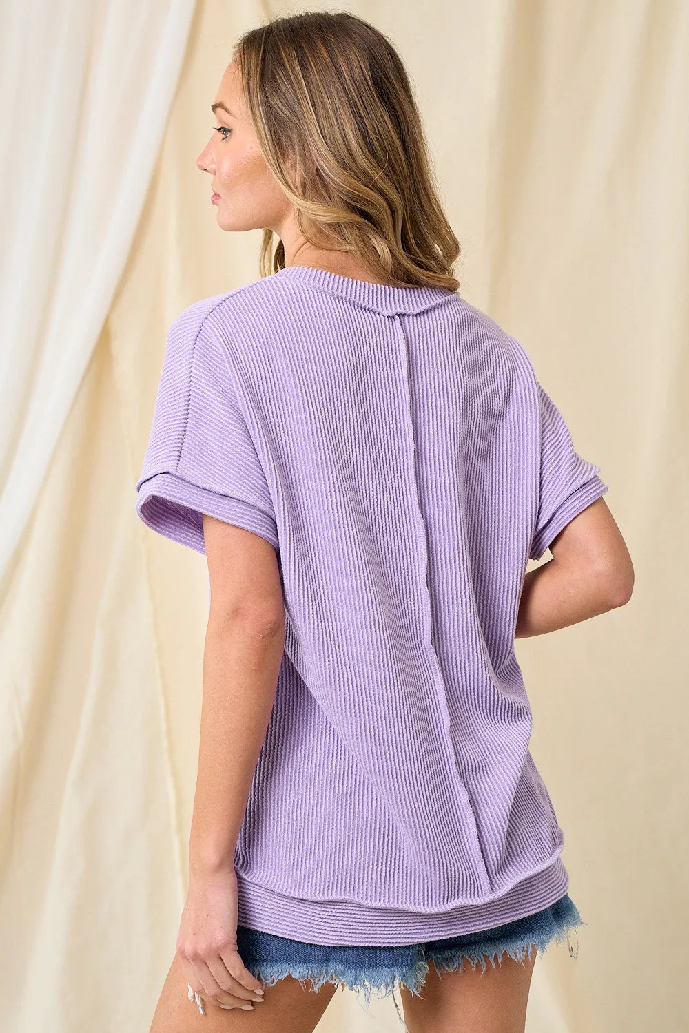 Purple Basic Ribbed V-Neck Top