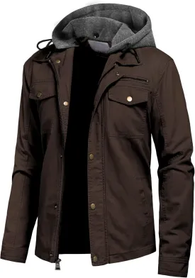 Pursky Men's Canvas Cotton Military Casual Field Jacket Outerwear With Removable Hood