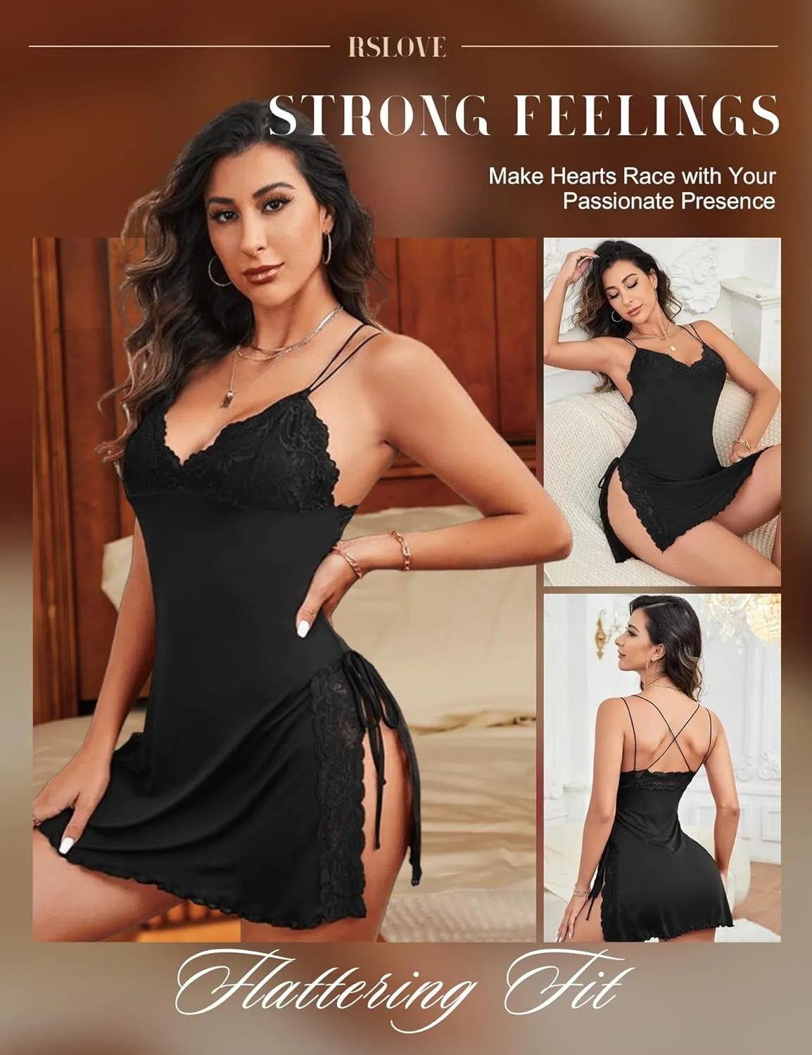 RSLOVE Women Lingerie Sexy Chemise Lace Babydoll Side Split Full Slip Nightgown Modal Sleepwear Nighty