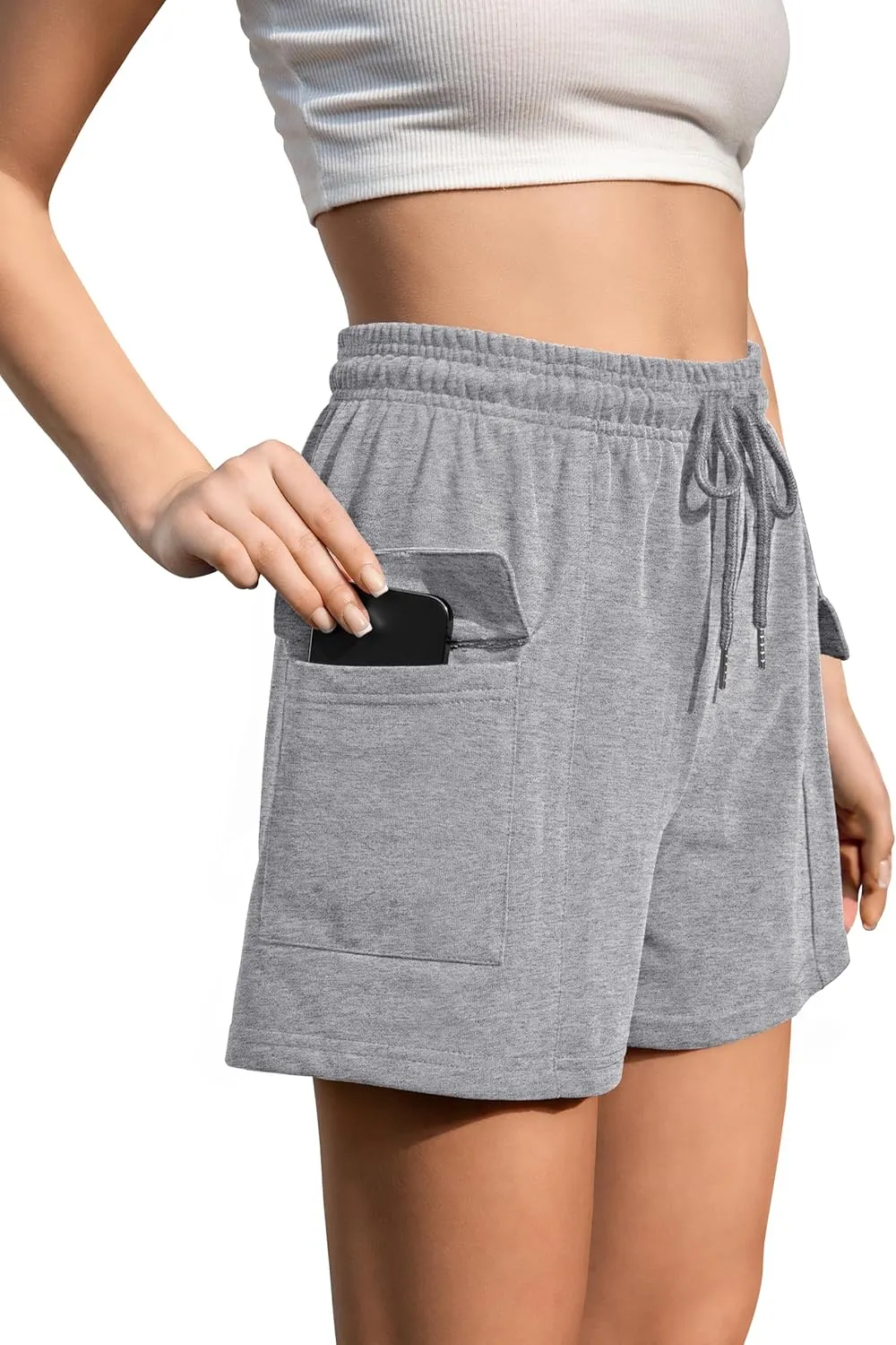 Summer High Waisted Cargo Shorts with Pockets Cotton Drawstring Casual Shorts Women