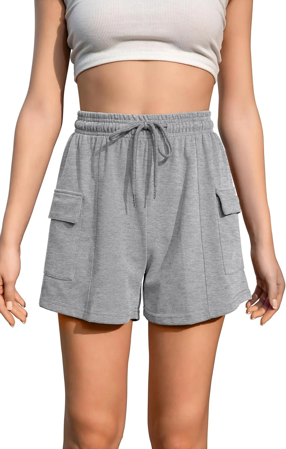 Summer High Waisted Cargo Shorts with Pockets Cotton Drawstring Casual Shorts Women
