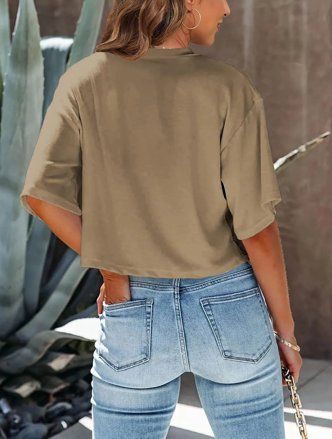 Tankaneo Women Half Sleeve Cropped T-Shirts Drop Shoulder Round Neck Crop Tops Casual Summer Solid Color Basic Tees